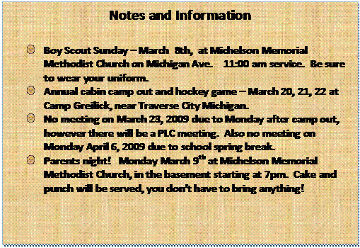 Text Box: Notes and Information

 	Annual cabin camp out and hockey game  March 20, 21, 22 at Camp Greilick, near Traverse City Michigan.
 	No meeting on March 23, 2009 due to Monday after camp out, however there will be a PLC meeting.  Also no meeting on Monday April 6, 2009 due to school spring break.
 	More links coming -  check back here often as we will be adding some new and special links for specific information on Jamboree, Fund Raising, Summer Camp and more!

For more information about troop events and activities, check out the links to the left.   
